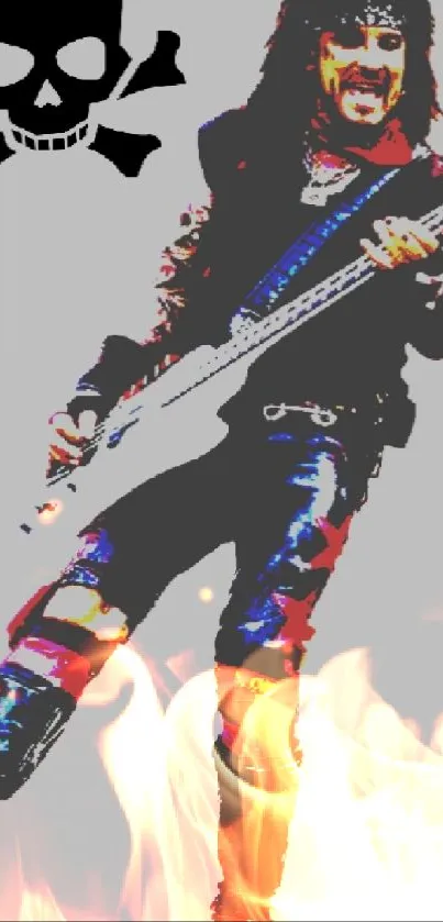 Rockstar playing guitar with skull graphic and artistic flair.