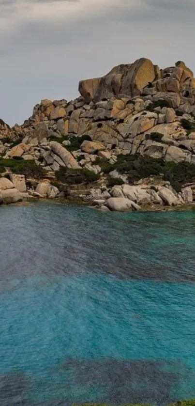 Rocky coastal landscape with turquoise water.