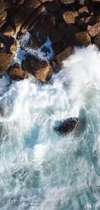 Dynamic ocean waves crashing against rocky coast.