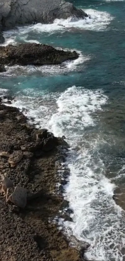 Rocky coastline with ocean waves crashing on the shore.