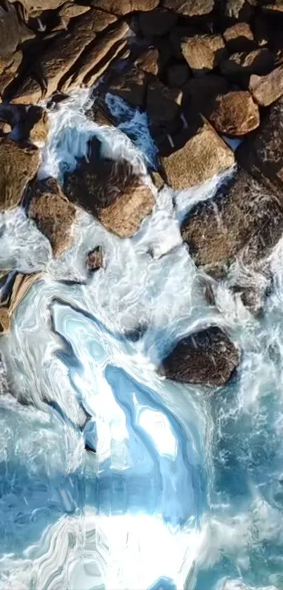 Aerial view of waves crashing on rocky coastline.