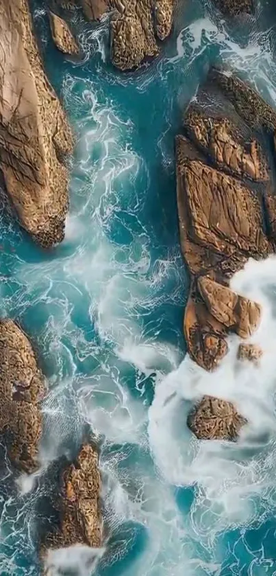 Aerial view of rocky coastline with turquoise water.