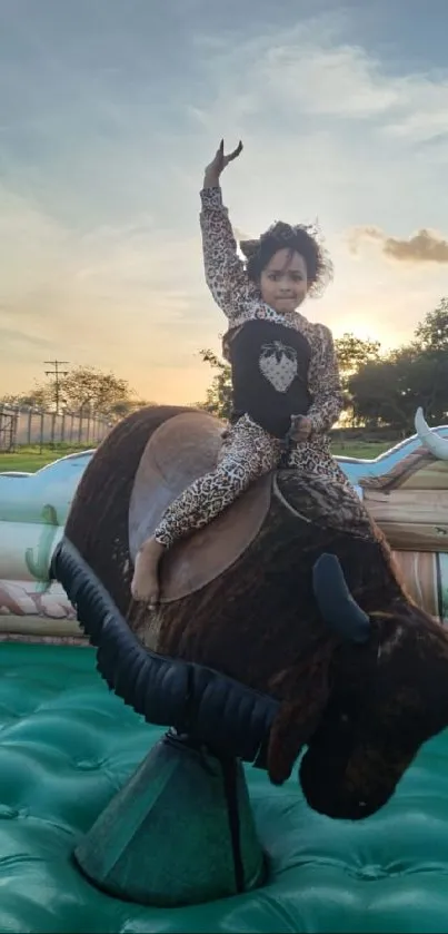 Child playing on a bull ride under a sunset sky.