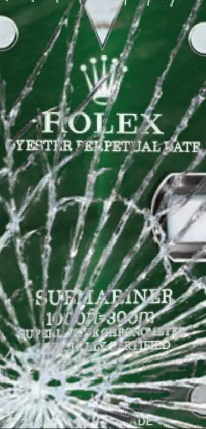 Cracked Rolex watch face wallpaper in dark green with shattered glass effect.