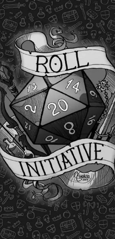 Fantasy dice wallpaper featuring a 20-sided die and 'Roll Initiative' text.