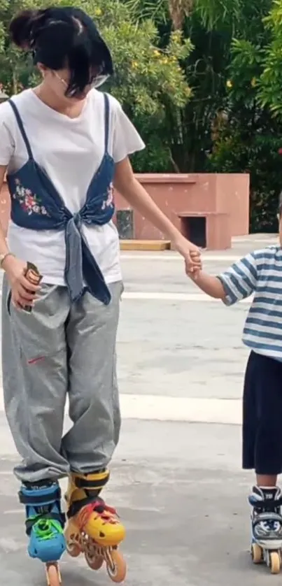 Mother and child roller skating holding hands.