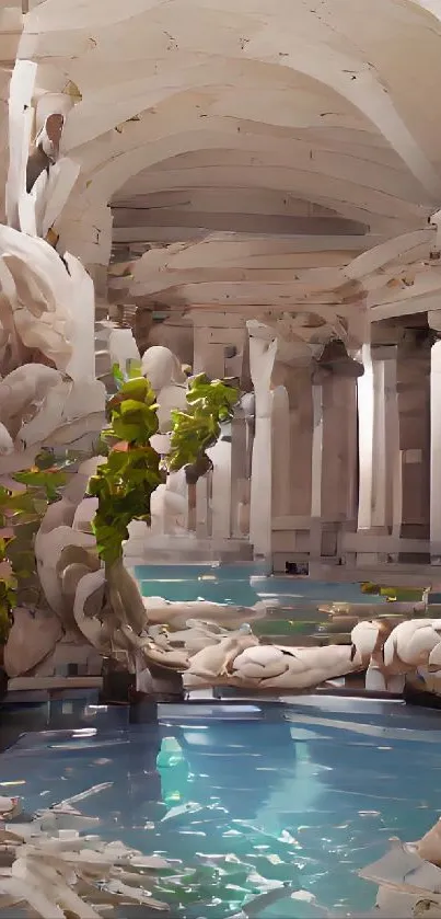 Elegant Roman pool with columns and serene reflections.