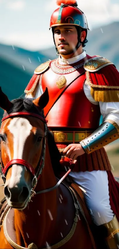 Roman soldier in red armor on a horse in mountain setting.