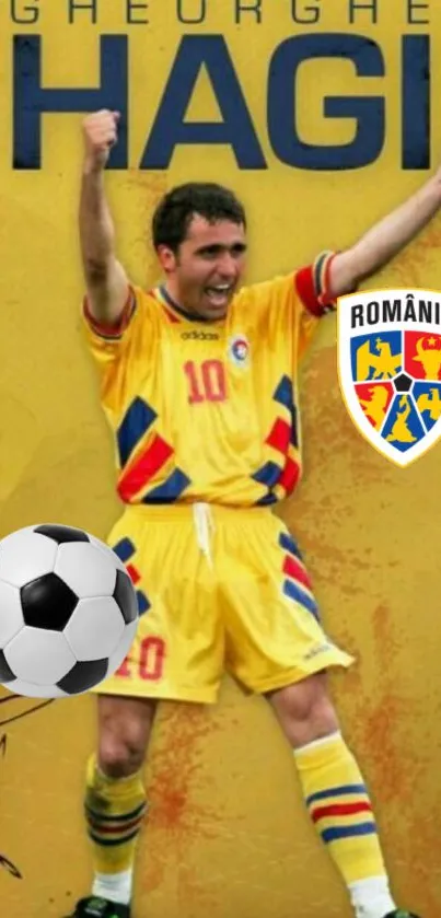 Romanian football legend celebrating in iconic yellow jersey with national emblem.