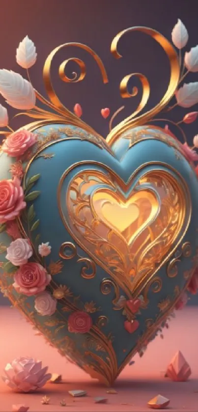 3D floral heart design with roses and gold accents.