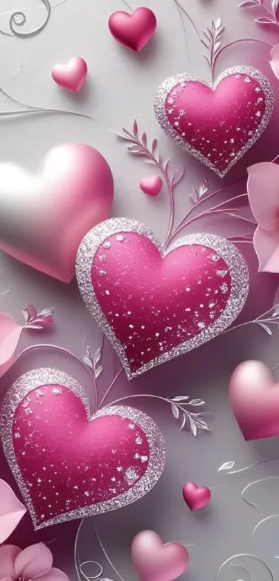 3D hearts and flowers wallpaper with pink and glitter accents.