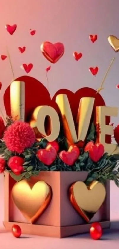 3D love wallpaper with hearts and flowers on a mobile background.