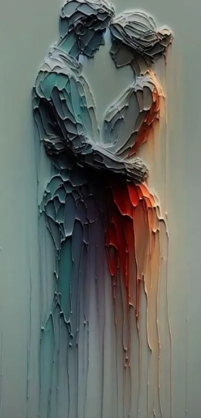 Abstract art wallpaper of a couple embracing with flowing colors.