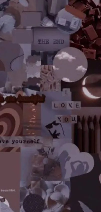 Romantic aesthetic collage with love and hearts on a dark brown background.