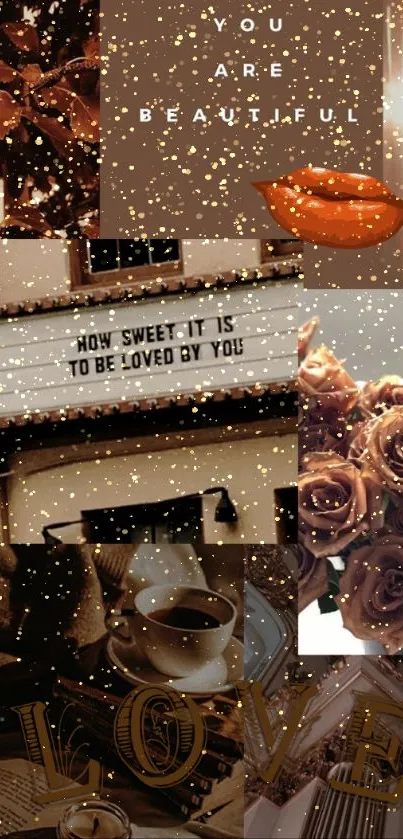 Romantic collage wallpaper with brown tones and roses, quotes, artistic elements.