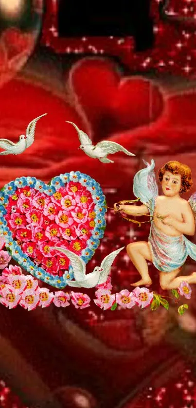 Romantic red wallpaper with angel, heart, flowers, and doves.