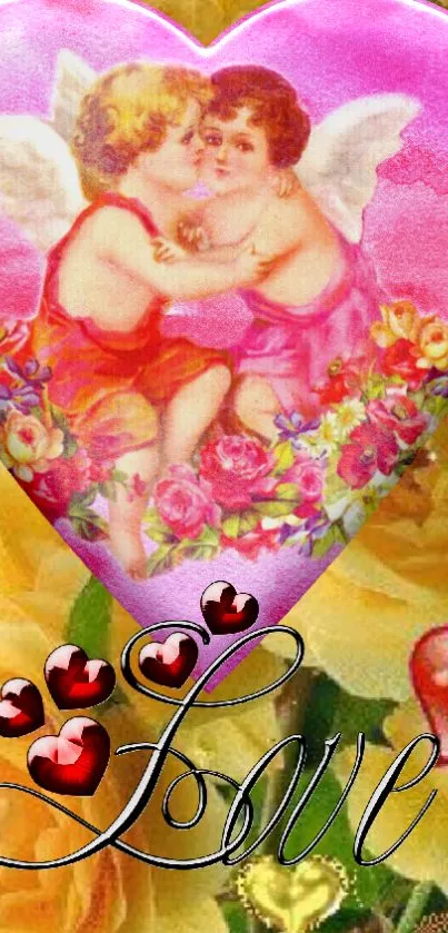 Romantic wallpaper with cherub angels in a pink heart surrounded by colorful flowers.