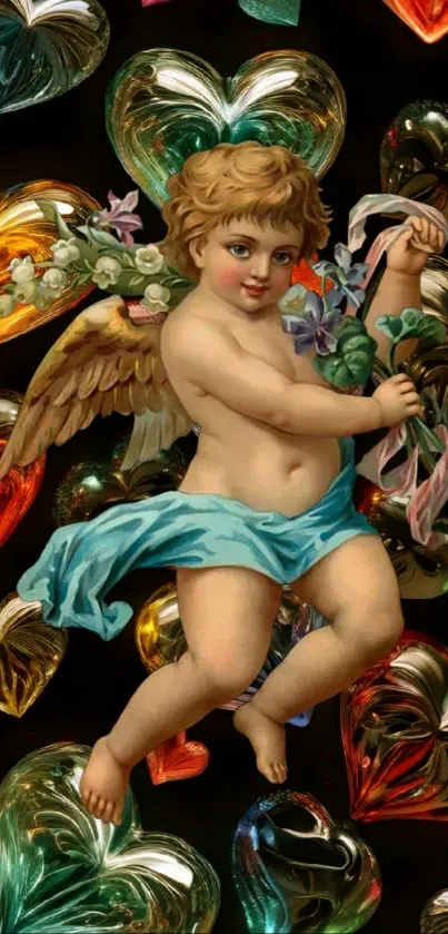 A cherub surrounded by colorful, intricate hearts on a black background.