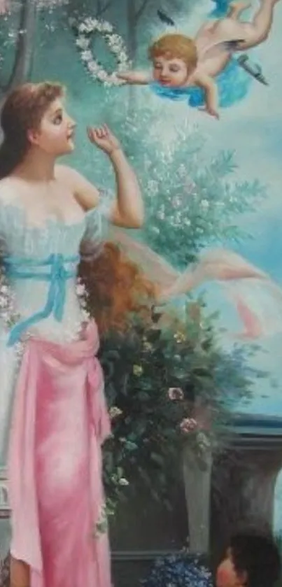 Romantic artwork with angel and nature backdrop in pastels.