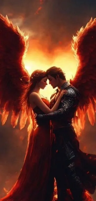 Ethereal couple with fiery wings embracing.