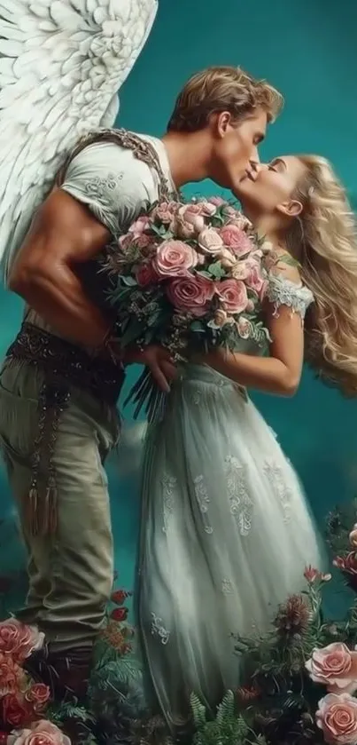 Couple in angelic embrace with roses and wings.