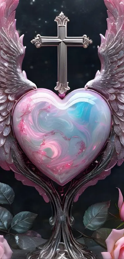 Heart with angel wings and cross against a starry background, enhanced by pink roses.