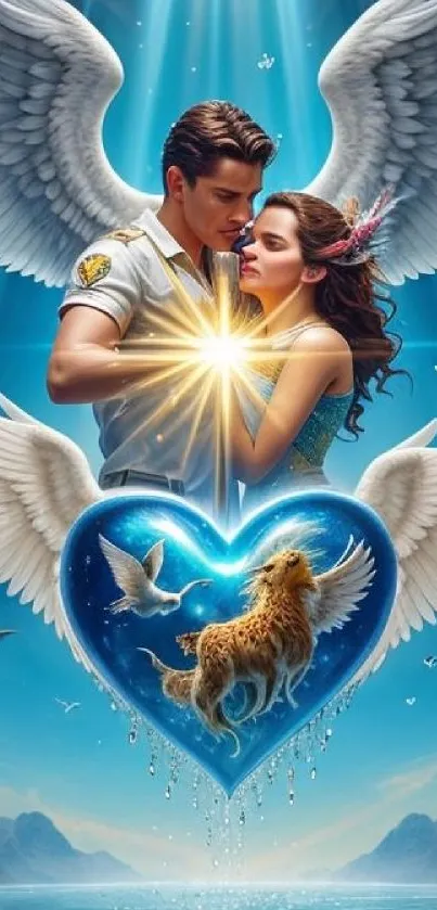 Romantic couple with angel wings and heart in fantasy scene.