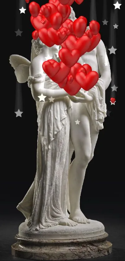 Romantic marble sculpture of angelic couple in embrace.