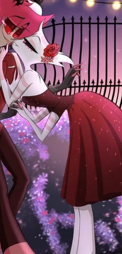 Romantic animated couple with red accents dancing under lights.