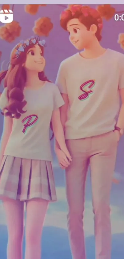 Animated couple holding hands in pastel colors.