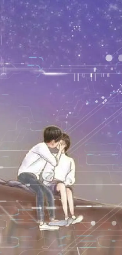 Couple sits under a dreamy purple night sky with stars and network designs.