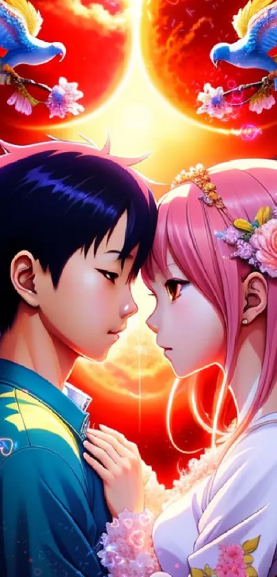 Romantic anime couple with vibrant colors and birds in a cosmic scene.