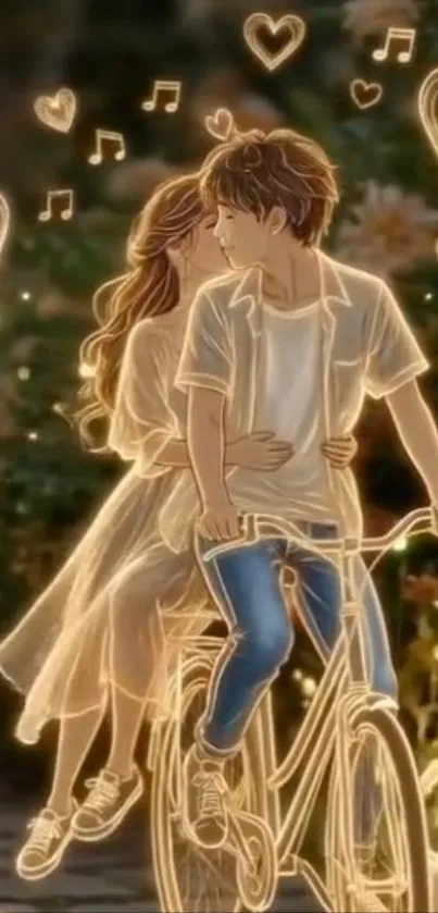 Anime couple on bicycle with glowing hearts