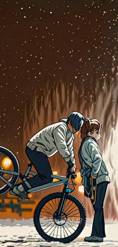 Romantic anime scene with a couple by a bike under a snowy winter sky.