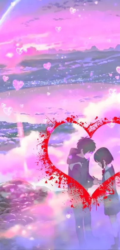 Romantic anime couple with heart sky view.