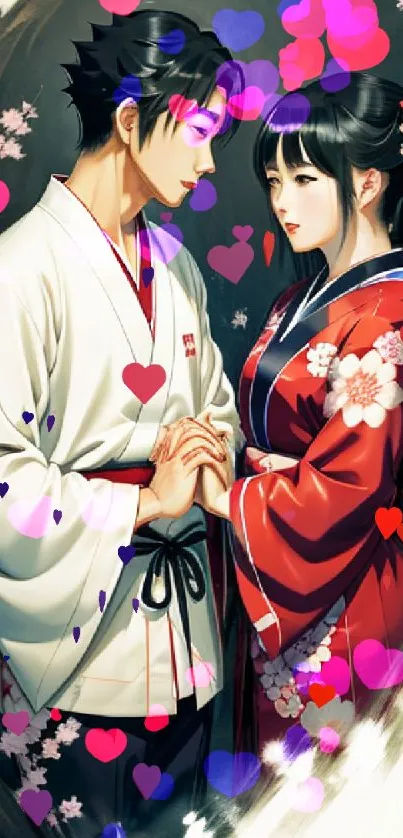 Anime couple in traditional Japanese attire with cherry blossoms.