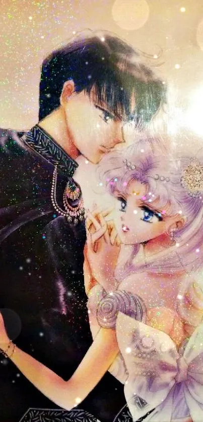 Romantic anime couple with glitter effect in colorful illustration.