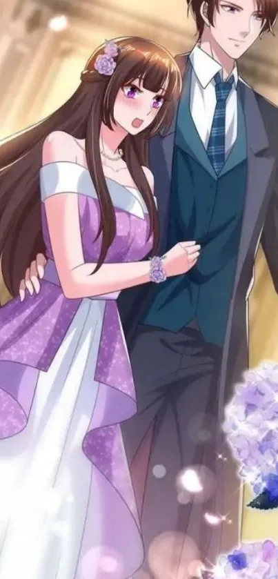 Romantic anime couple in elegant attire with lavender hues.