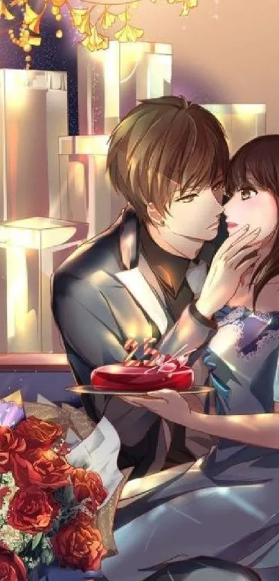 Romantic anime couple with roses and cake in a warm, elegant setting.