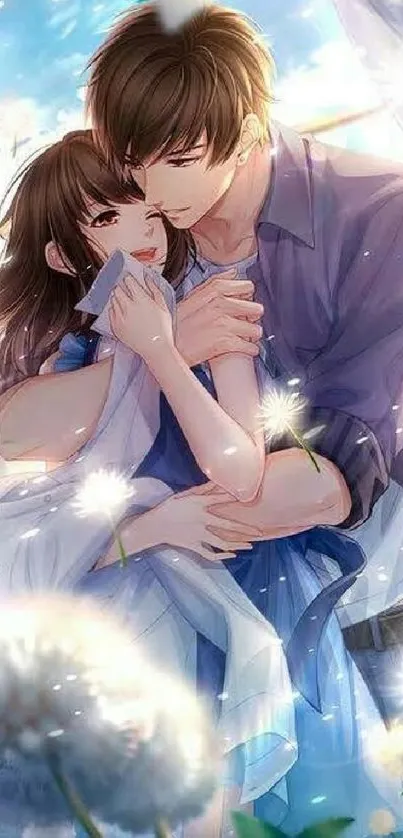 Romantic anime couple embracing with dandelions and blue sky.