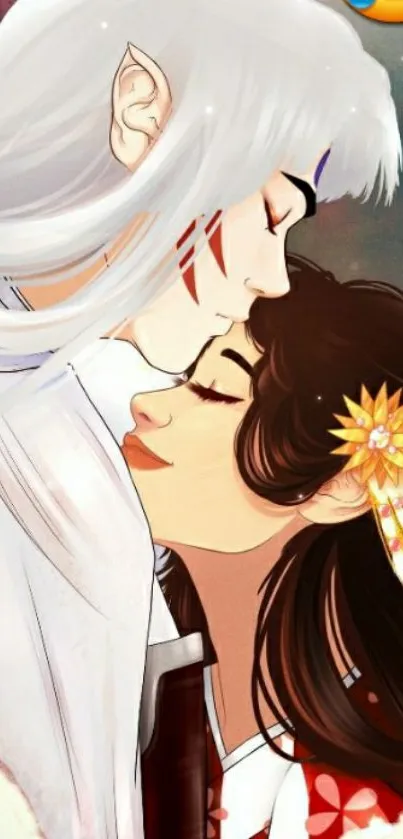 Romantic anime couple embracing with a cosmic background.