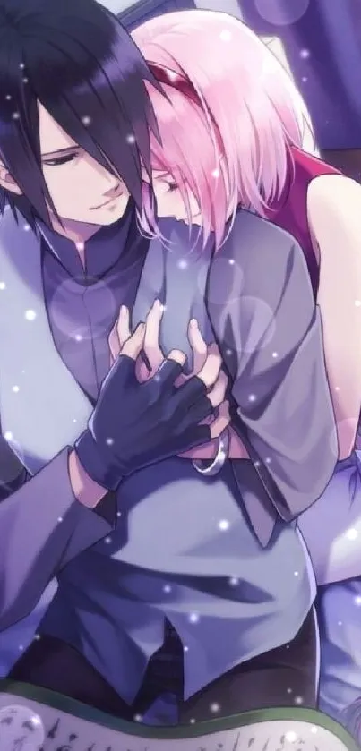 Anime couple sharing a loving embrace in a romantic scene.