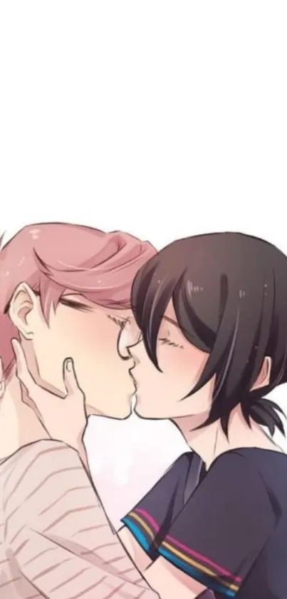 Anime couple sharing a romantic kiss with soft colors.