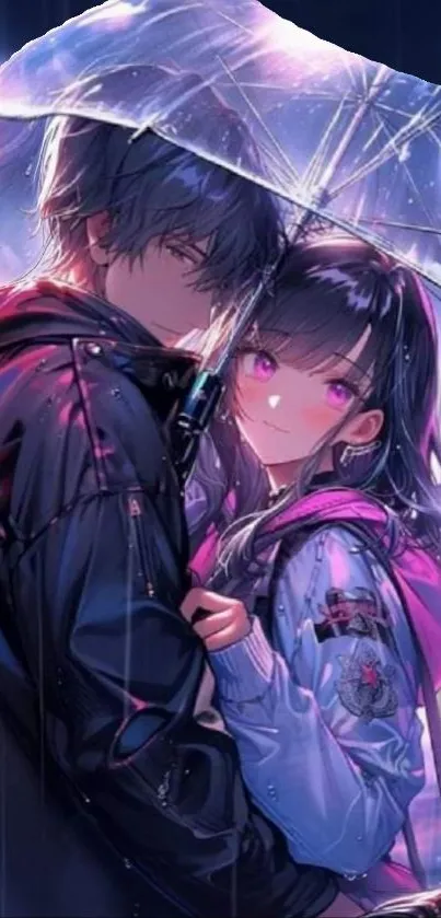 Anime couple under an umbrella in the rain, surrounded by vibrant colors.