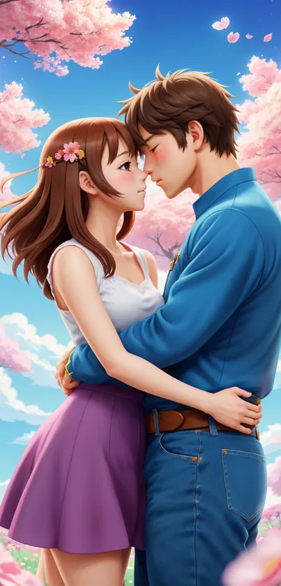 Anime couple embracing under cherry blossoms with a blue sky.