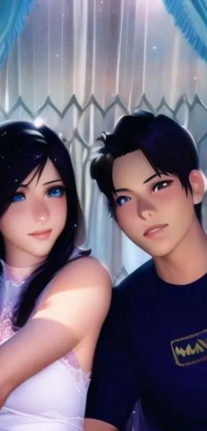 Romantic anime couple in blue setting, perfect for mobile wallpaper.