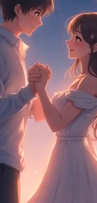 Anime couple holding hands at sunset.