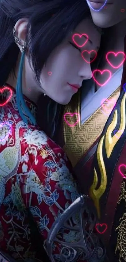 Romantic embrace of an anime couple in traditional attire.