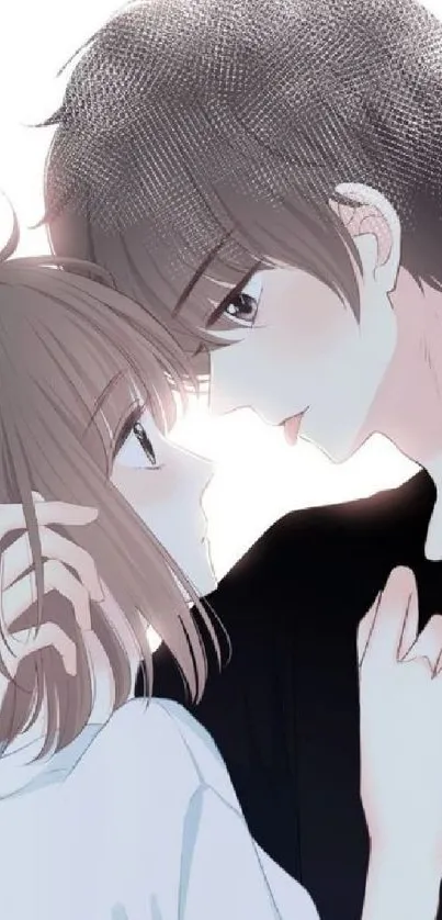 Romantic anime couple in tender embrace with soft brown tones.