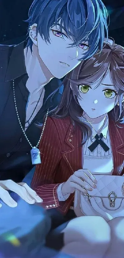 Romantic anime couple in serene night setting.